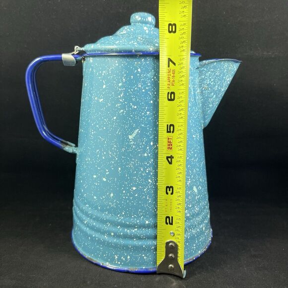 Vintage Blue Spatter Enamelware Coffee Pot Rustic Farmhouse Vase - Picture 9 of 10